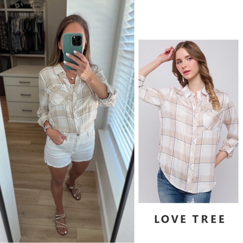 Love Tree - Lightweight Plaid Button-Up - Khaki